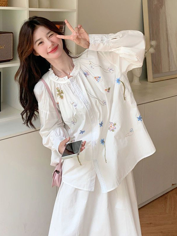 Cămașă din poliester cu broderie florală în stil franțuzesc, mâneci lungi, guler rotund, croială lejeră