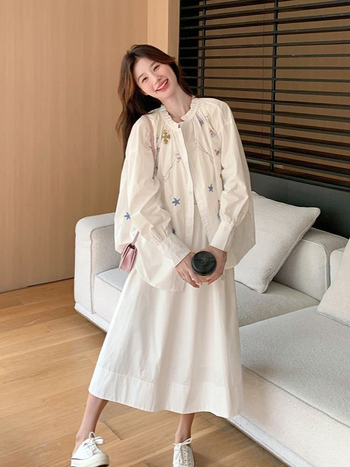 Cămașă din poliester cu broderie florală în stil franțuzesc, mâneci lungi, guler rotund, croială lejeră