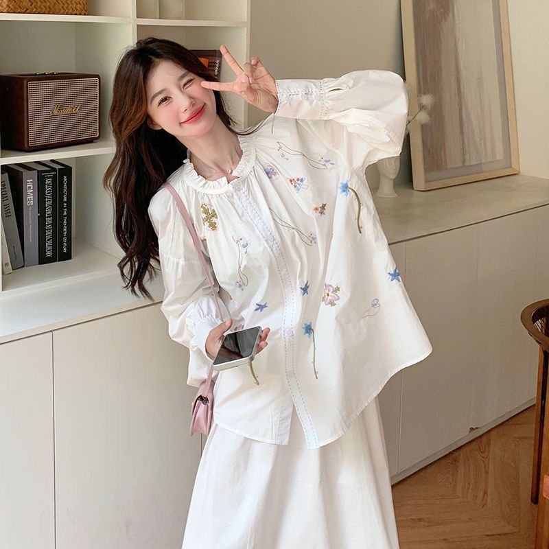 Cămașă din poliester cu broderie florală în stil franțuzesc, mâneci lungi, guler rotund, croială lejeră