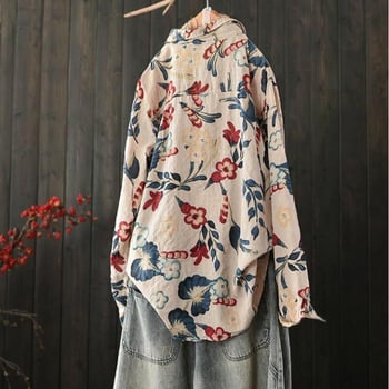Cămașă din bumbac și in cu imprimeu, stil japonez, mâneci lungi, guler tip rever, croială normală