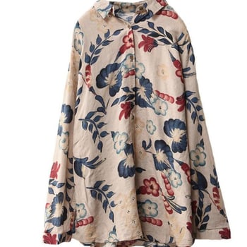 Cămașă din bumbac și in cu imprimeu, stil japonez, mâneci lungi, guler tip rever, croială normală