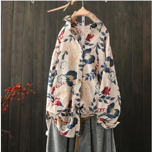 Cămașă din bumbac și in cu imprimeu, stil japonez, mâneci lungi, guler tip rever, croială normală