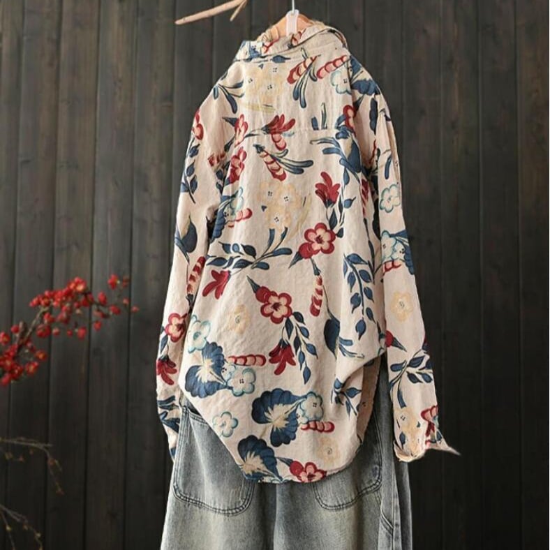 Cămașă din bumbac și in cu imprimeu, stil japonez, mâneci lungi, guler tip rever, croială normală