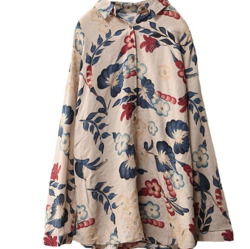 Cămașă din bumbac și in cu imprimeu, stil japonez, mâneci lungi, guler tip rever, croială normală