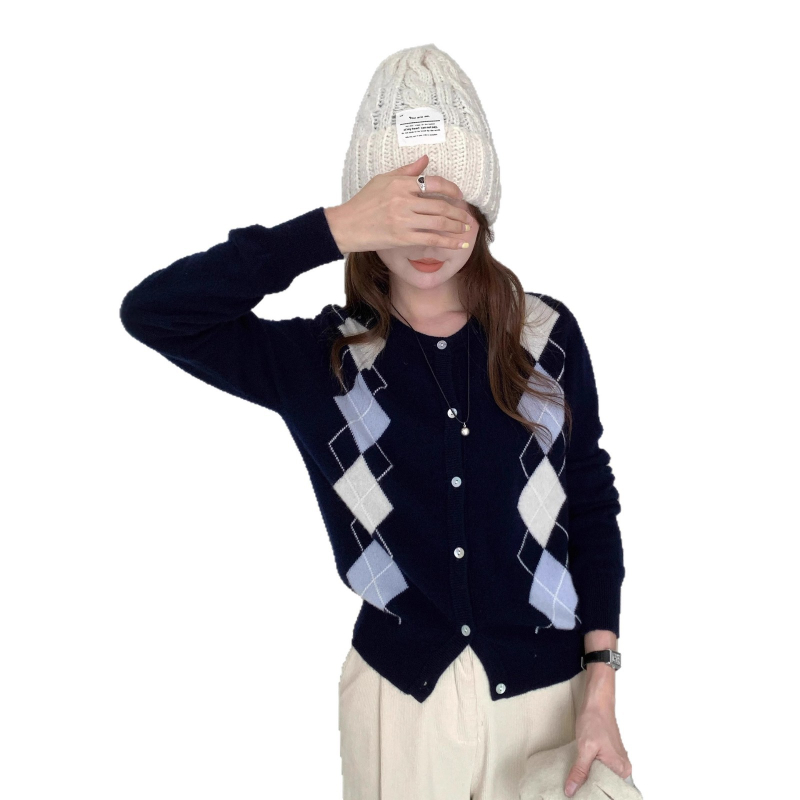 Ζακέτα από καθαρό μαλλί με intarsia διαμαντεντό μοτίβο, πλέξη jacquard, στρογγυλός λαιμός, μακριά μανίκια, στυλ κολλεγίου