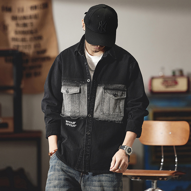 Pamut férfi külső ruházatú ing, hosszú ujjú, ingnyak, lazán szabott, japán retró stílus