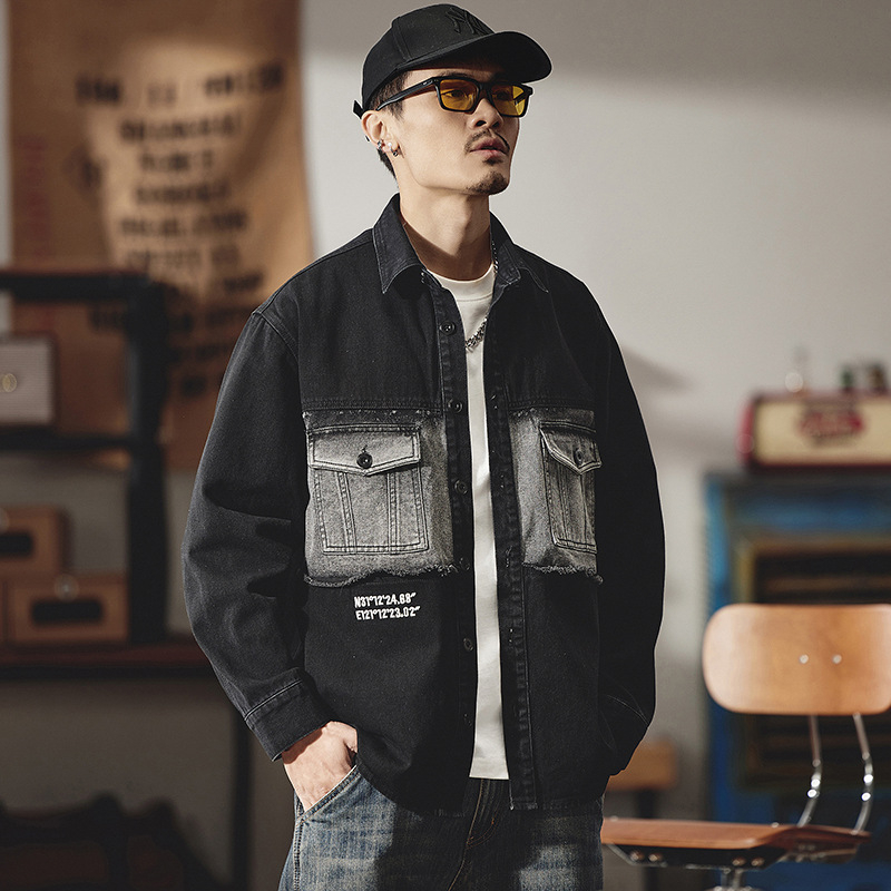 Pamut férfi külső ruházatú ing, hosszú ujjú, ingnyak, lazán szabott, japán retró stílus