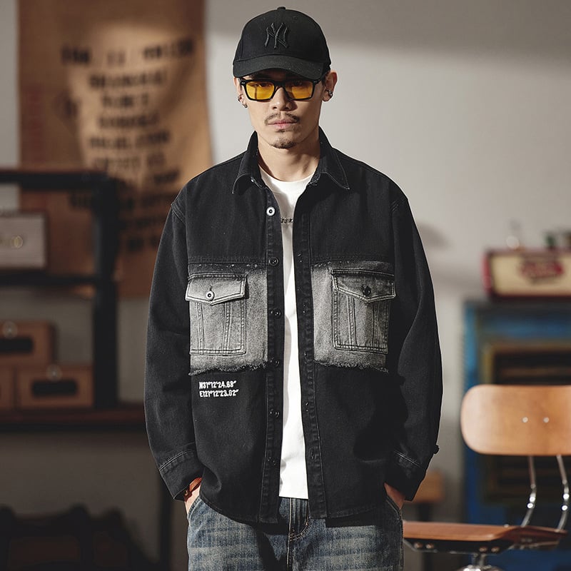 Pamut férfi külső ruházatú ing, hosszú ujjú, ingnyak, lazán szabott, japán retró stílus