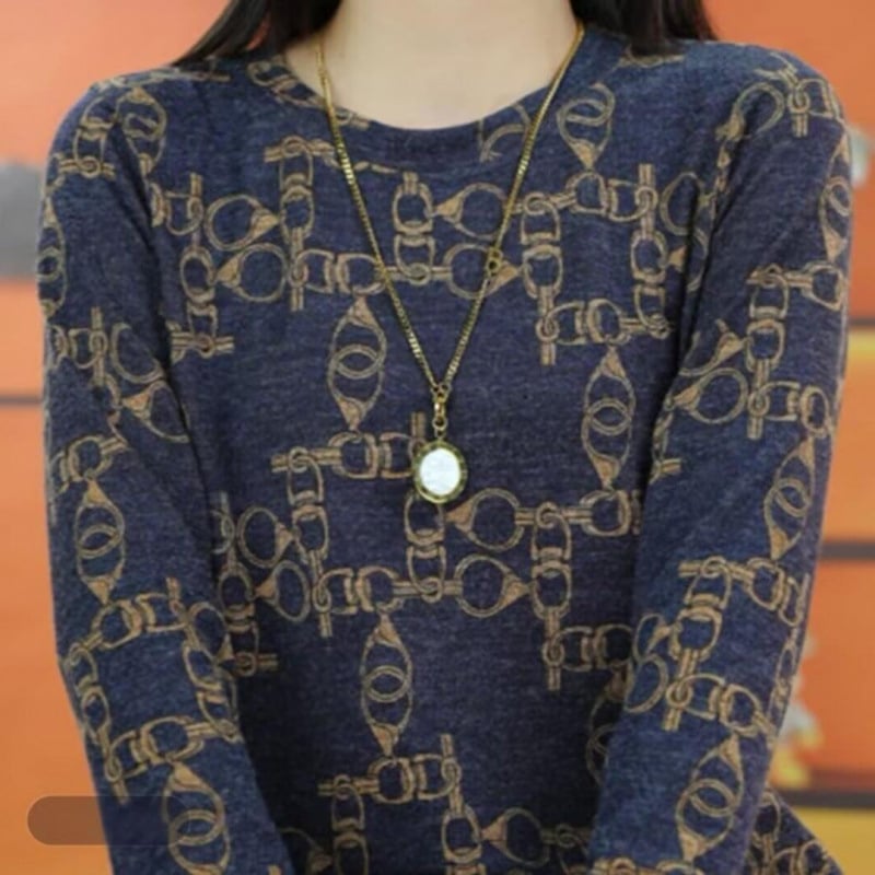 Pletena bluza s cvjetnim uzorkom, rukav 3/4, okrugli izrez, casual stil, literarno retro, PVC ≤30%