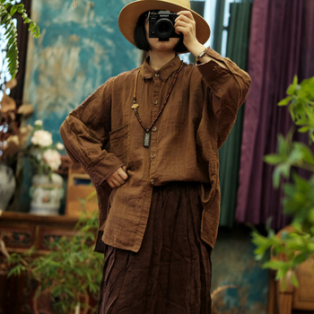 Košulja Little Mud Girl, pamuk i konoplja smjesa, dugi rukavi, slobodan kroj, vintage književno retro stil