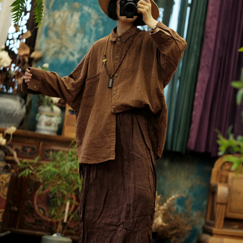 Košulja Little Mud Girl, pamuk i konoplja smjesa, dugi rukavi, slobodan kroj, vintage književno retro stil