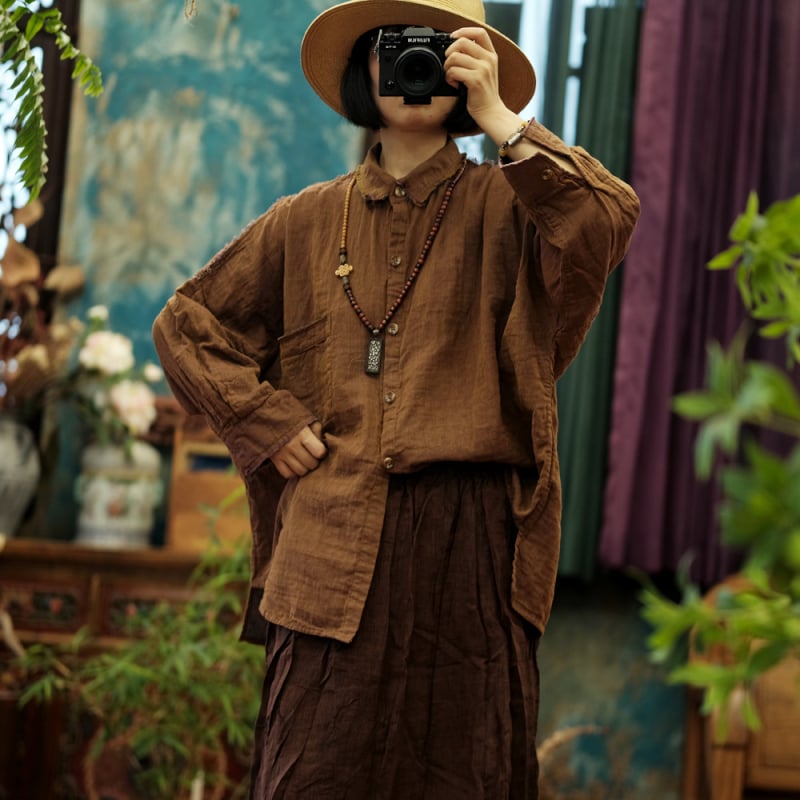Košulja Little Mud Girl, pamuk i konoplja smjesa, dugi rukavi, slobodan kroj, vintage književno retro stil