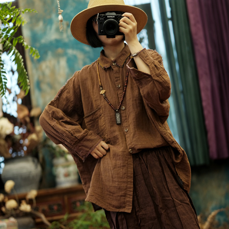 Košulja Little Mud Girl, pamuk i konoplja smjesa, dugi rukavi, slobodan kroj, vintage književno retro stil