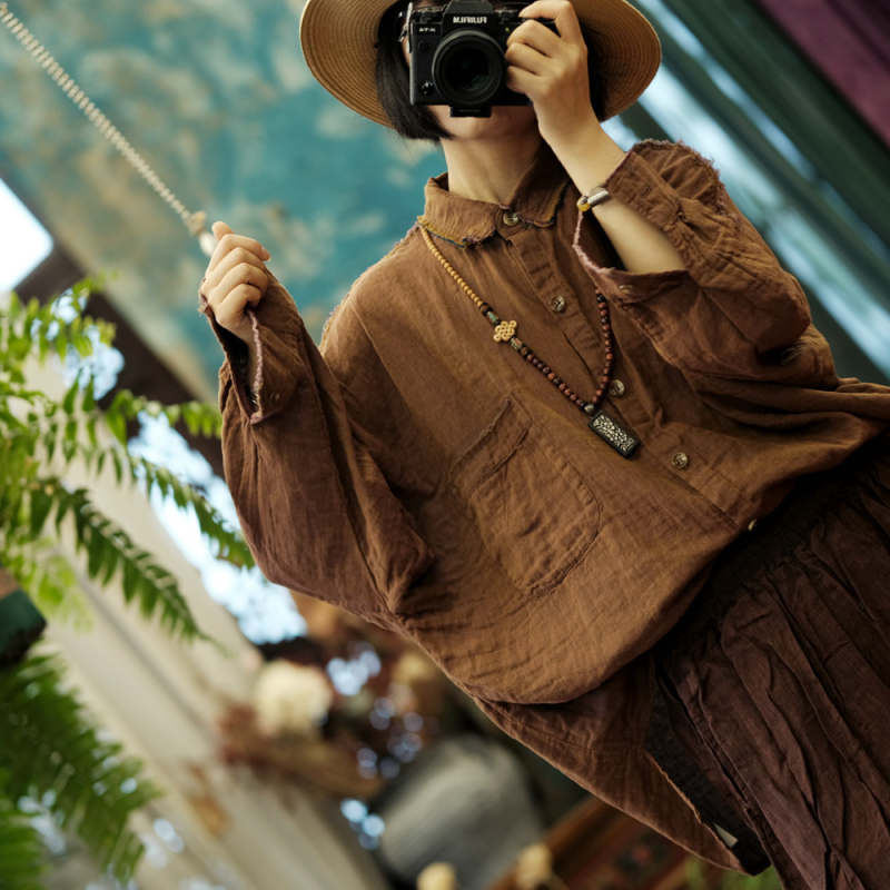 Košulja Little Mud Girl, pamuk i konoplja smjesa, dugi rukavi, slobodan kroj, vintage književno retro stil