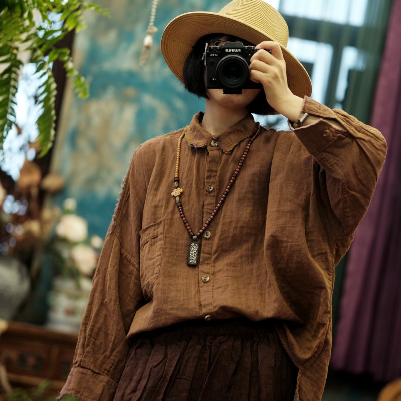 Košulja Little Mud Girl, pamuk i konoplja smjesa, dugi rukavi, slobodan kroj, vintage književno retro stil