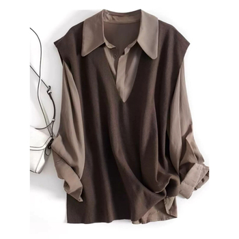 Set din două piese: top tricotat cu guler polo și vestă fără mâneci, stil japonez-coreean, poliester, conținut principal 70–80%