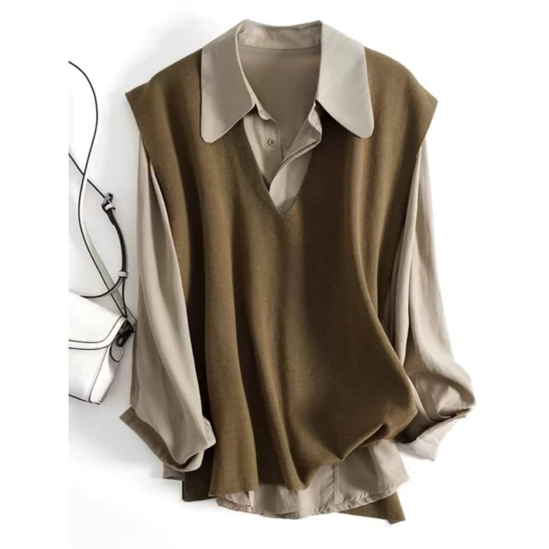 Set din două piese: top tricotat cu guler polo și vestă fără mâneci, stil japonez-coreean, poliester, conținut principal 70–80%