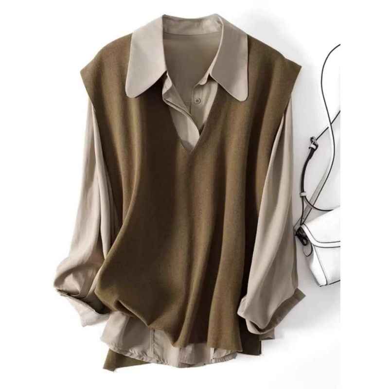 Set din două piese: top tricotat cu guler polo și vestă fără mâneci, stil japonez-coreean, poliester, conținut principal 70–80%