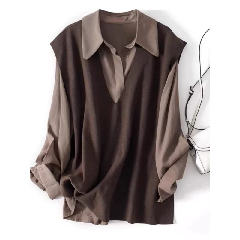 Set din două piese: top tricotat cu guler polo și vestă fără mâneci, stil japonez-coreean, poliester, conținut principal 70–80%