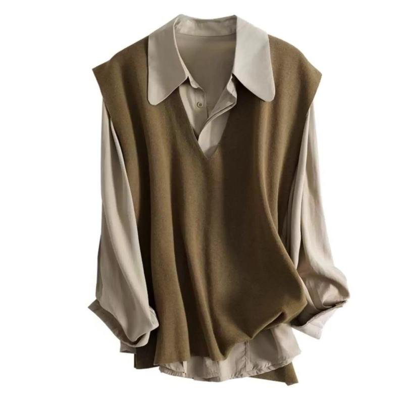 Set din două piese: top tricotat cu guler polo și vestă fără mâneci, stil japonez-coreean, poliester, conținut principal 70–80%