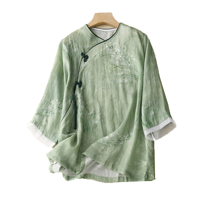 Cămașă din bumbac și in, mâneci 3/4, guler rotund, lungime 50–65 cm, imprimare și vopsire, stil retro-literar.