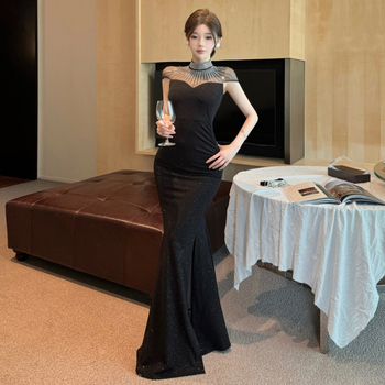 Γυναικείο μακρύ φόρεμα από πολυεστέρα με πάνελ σχέδιο, εφαρμοστό σιλουέτα, κοντά μανίκια, ψηλή μέση, μισό-στάντ κολάρο, διακοσμητικά κρύσταλλα