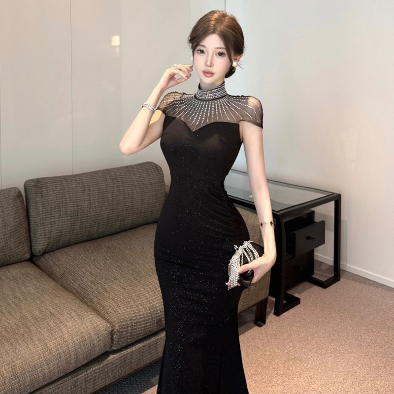 Γυναικείο μακρύ φόρεμα από πολυεστέρα με πάνελ σχέδιο, εφαρμοστό σιλουέτα, κοντά μανίκια, ψηλή μέση, μισό-στάντ κολάρο, διακοσμητικά κρύσταλλα