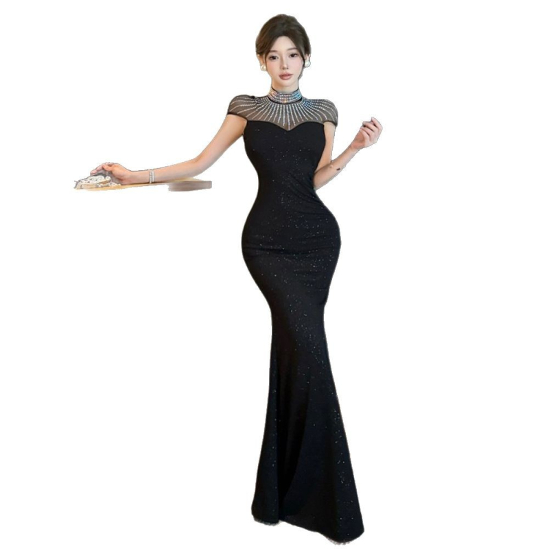 Γυναικείο μακρύ φόρεμα από πολυεστέρα με πάνελ σχέδιο, εφαρμοστό σιλουέτα, κοντά μανίκια, ψηλή μέση, μισό-στάντ κολάρο, διακοσμητικά κρύσταλλα