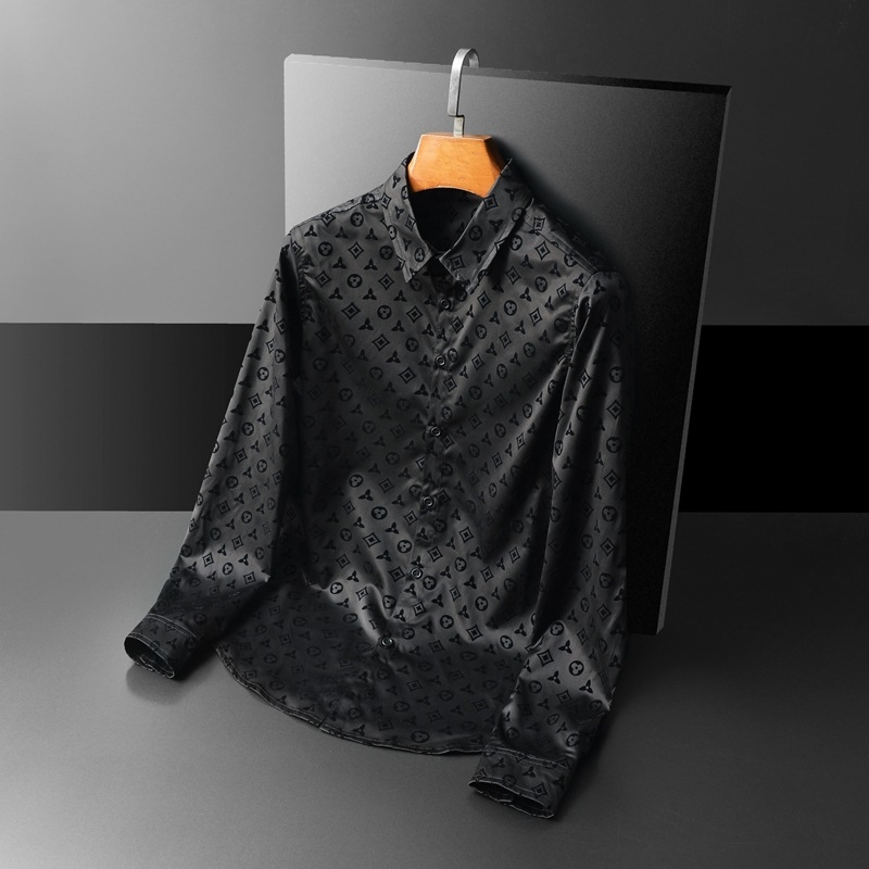 Muška slim-fit košulja, ovratnik s reverom, dugi rukavi, pamukasto‑mješavina tkanine, flocking detalj