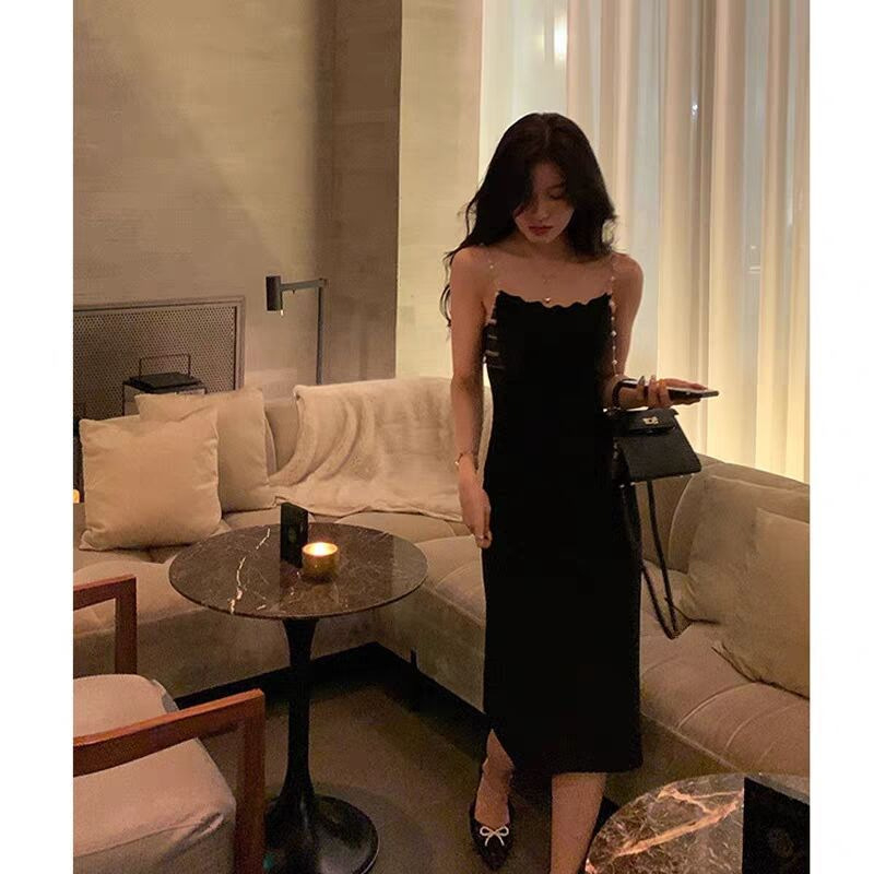 Duga haljina s perlama, bez rukava, visoki struk, zatvarač, uski kroj