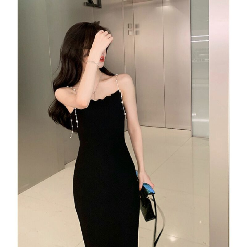 Duga haljina s perlama, bez rukava, visoki struk, zatvarač, uski kroj