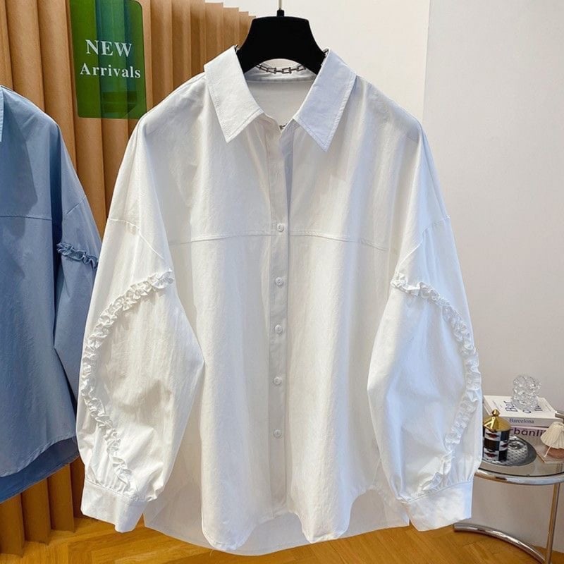 2025 novi model: slobodna oversize bluza s reverom, dojam luksuza, bijela ženska košulja s dugim rukavima i volanima na rubu