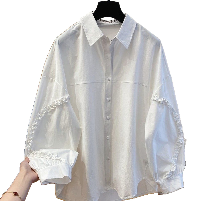 2025 novi model: slobodna oversize bluza s reverom, dojam luksuza, bijela ženska košulja s dugim rukavima i volanima na rubu