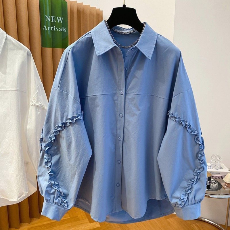 2025 novi model: slobodna oversize bluza s reverom, dojam luksuza, bijela ženska košulja s dugim rukavima i volanima na rubu