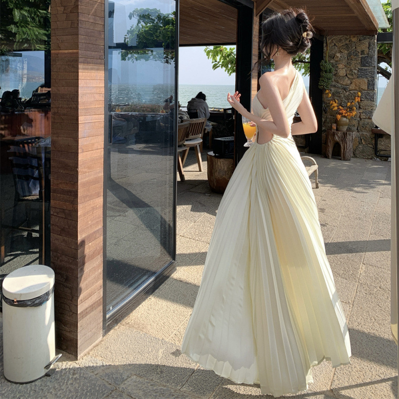 Haljina bez rukava s izrezom i plisiranjem, visok struk, A-linija