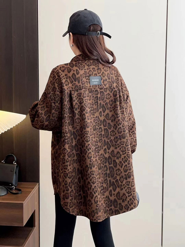 Ženska košulja s leopardnim uzorkom, silueta kardigana, polo ovratnik, dugi rukavi, pamuk