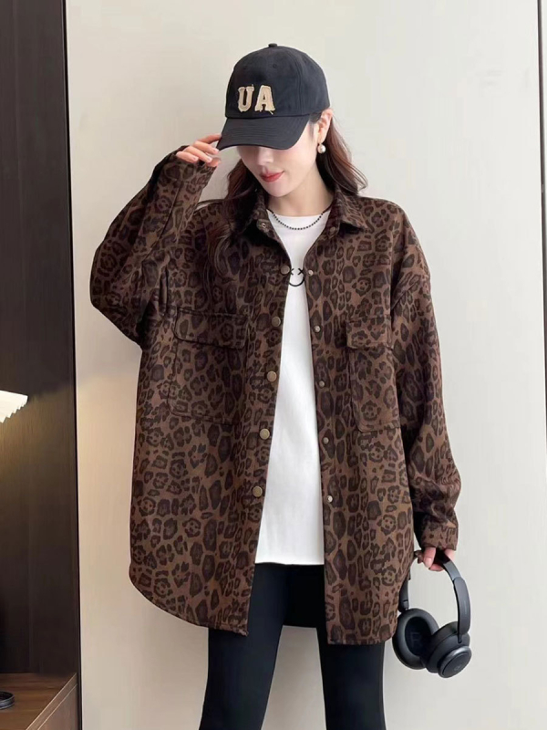 Ženska košulja s leopardnim uzorkom, silueta kardigana, polo ovratnik, dugi rukavi, pamuk