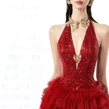 Haljina s halter ovratnikom i otvorenim leđima, visokim strukom, kratka A-linija, mješavina poliestera i elastana, zima 2024