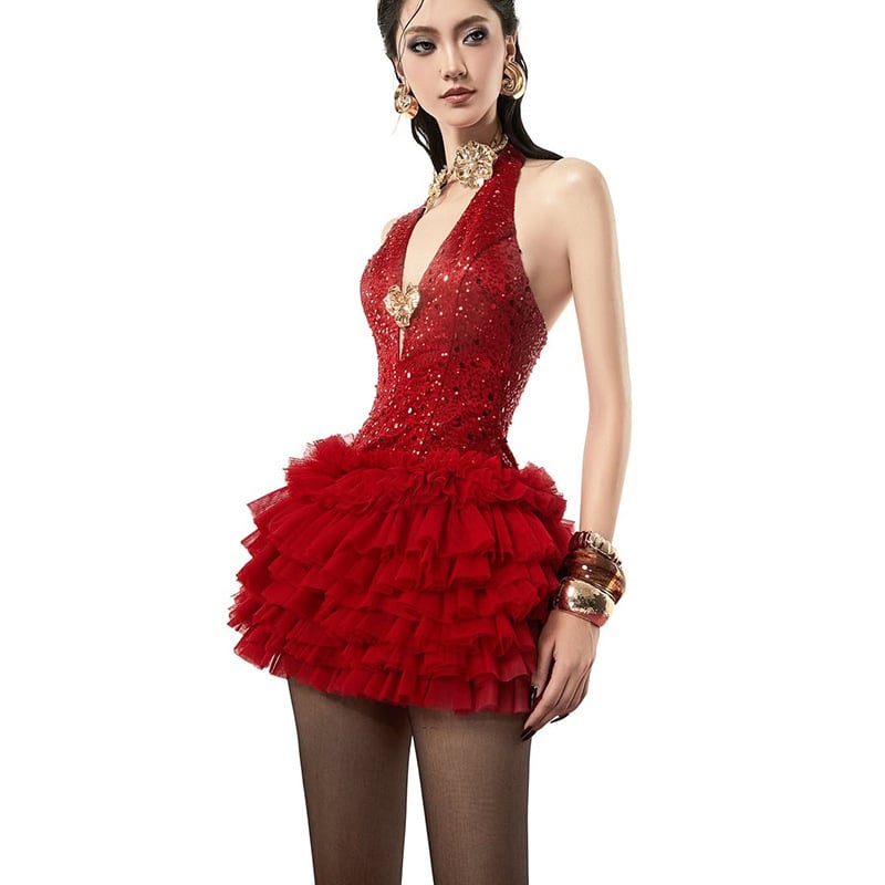 Haljina s halter ovratnikom i otvorenim leđima, visokim strukom, kratka A-linija, mješavina poliestera i elastana, zima 2024