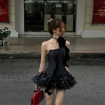 Ženska haljina bez rukava, visok pas, A-linijska silueta, tube-top stil, ovratnik s jednom linijom