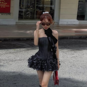 Ženska haljina bez rukava, visok pas, A-linijska silueta, tube-top stil, ovratnik s jednom linijom