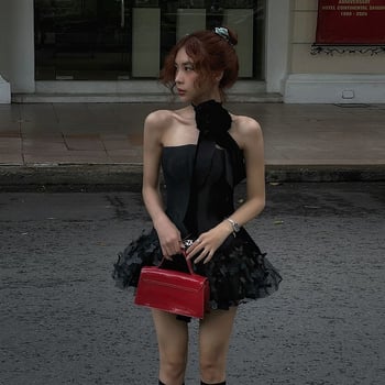 Ženska haljina bez rukava, visok pas, A-linijska silueta, tube-top stil, ovratnik s jednom linijom