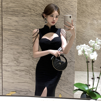 Qipao haljina s resama i ribljom repom - elastični poliester; jedinstveni uzorak; haljina s ribljom repom; stojeći ovratnik; bez rukava