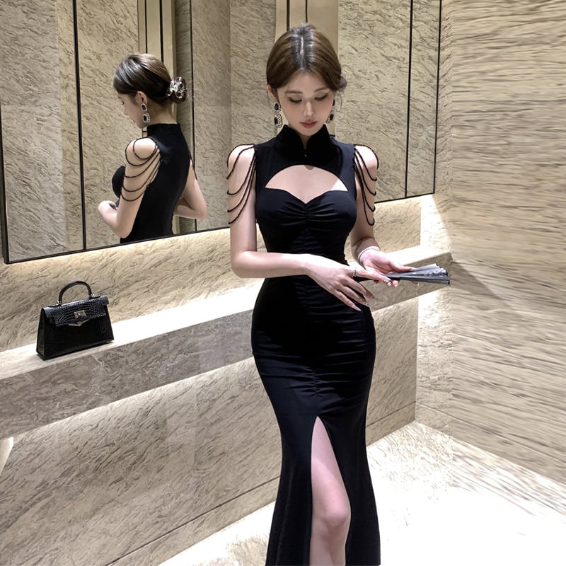 Qipao haljina s resama i ribljom repom - elastični poliester; jedinstveni uzorak; haljina s ribljom repom; stojeći ovratnik; bez rukava