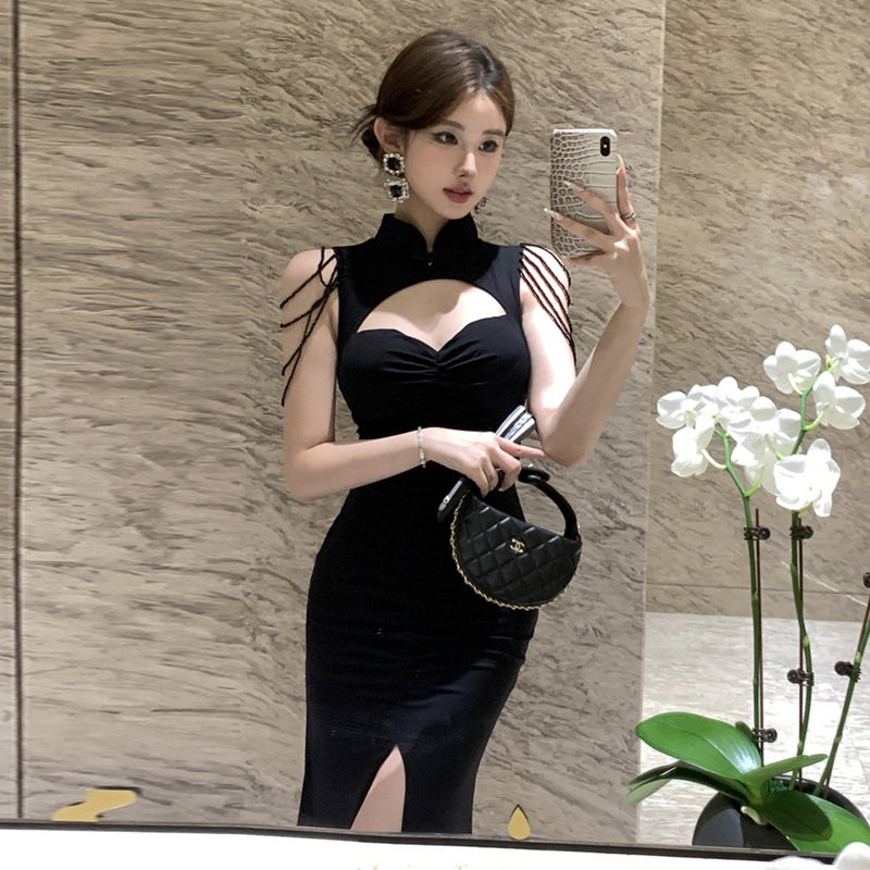 Qipao haljina s resama i ribljom repom - elastični poliester; jedinstveni uzorak; haljina s ribljom repom; stojeći ovratnik; bez rukava