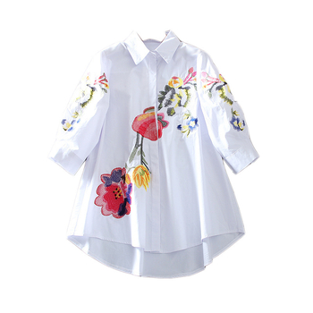 Korejskog stila ležerna pamučna košulja s cvjetnom vezom, 3/4 rukava, ovratnik s lapelom, elegantan kardigan stil