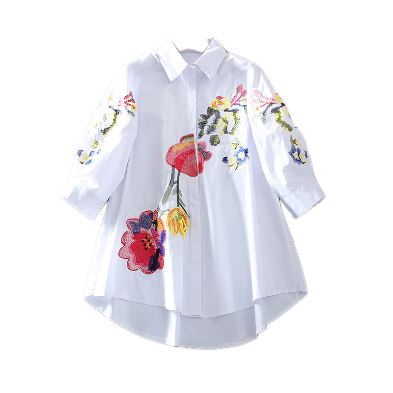 Korejskog stila ležerna pamučna košulja s cvjetnom vezom, 3/4 rukava, ovratnik s lapelom, elegantan kardigan stil