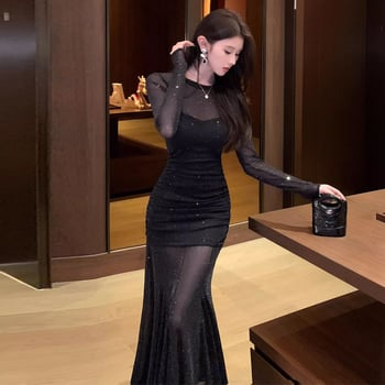 Haljina sirena od poliestera, okrugli izrez, dugi rukavi, visok struk