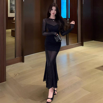 Haljina sirena od poliestera, okrugli izrez, dugi rukavi, visok struk