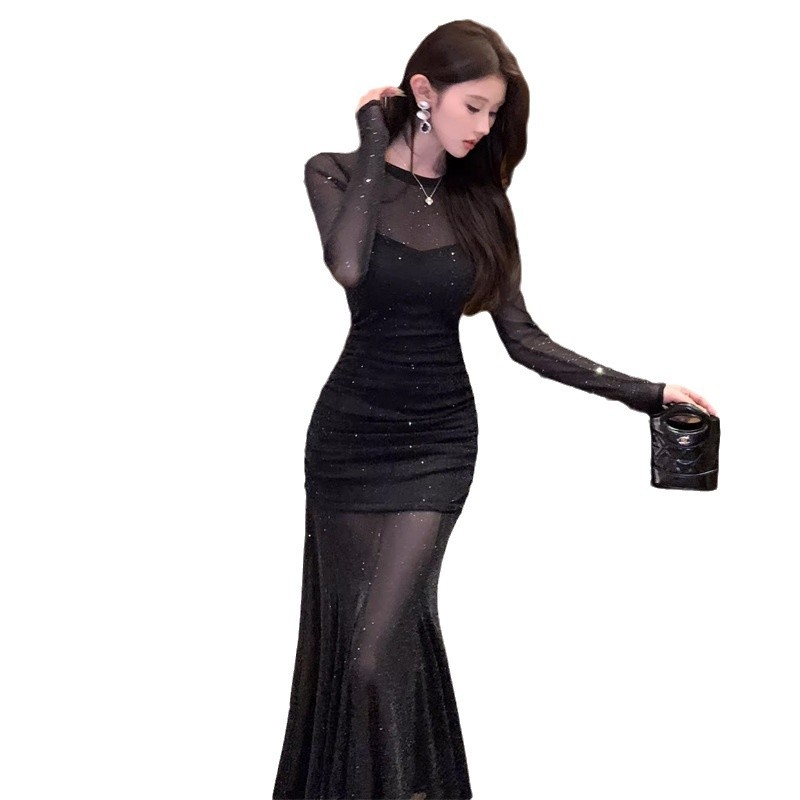 Haljina sirena od poliestera, okrugli izrez, dugi rukavi, visok struk